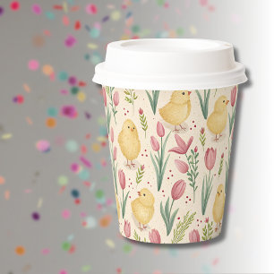 Vintage Easter Cute Yellow Chicks Red Tulips Paper Cups