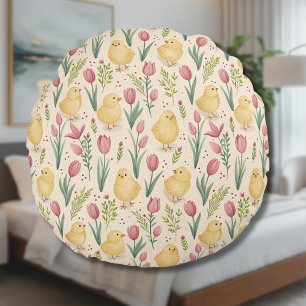 Vintage Easter Cute Yellow Chicks Red Tulips Round Cushion