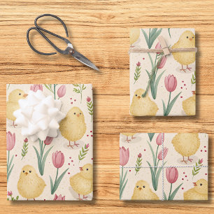 Vintage Easter Cute Yellow Chicks Red Tulips Wrapping Paper Sheet