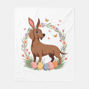 Vintage Easter Dachshund Bunny Dog with Floral Egg Fleece Blanket