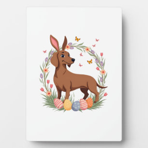 Vintage Easter Dachshund Bunny Dog with Floral Egg Plaque