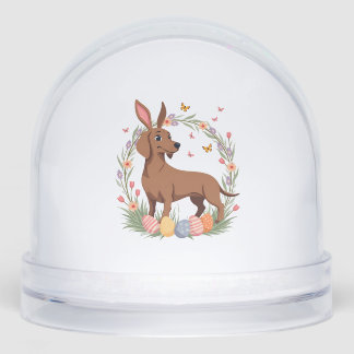 Vintage Easter Dachshund Bunny Dog with Floral Egg Snowglobe