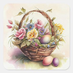 Vintage Easter Egg Basket Purple Yellow Flowers Square Sticker