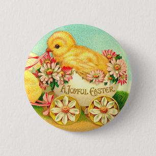 Vintage Easter Egg Chick Carriage Floral Flowers 6 Cm Round Badge
