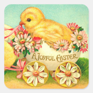 Vintage Easter Egg Chick Carriage Floral Flowers Square Sticker