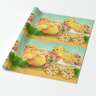Vintage Easter Egg Chick Carriage Floral Flowers Wrapping Paper
