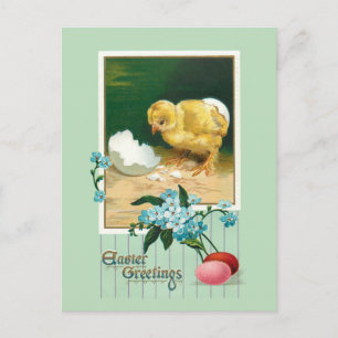 Vintage Easter Eggs, Chick & Flowers Postcard