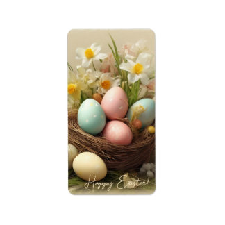 Vintage Easter Eggs, Nest and White Daffodils Label