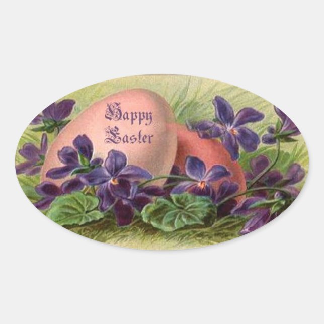 Vintage Easter Eggs & Violets Oval Sticker (Front)