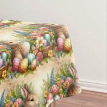 Vintage Easter Floral / Bunny Rabbit Tablecloth