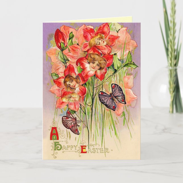 Vintage Easter Flower Sprites Holiday Card (Front)