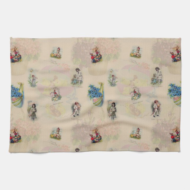Vintage Easter Germany postcards - retro seamless  Tea Towel (Horizontal)