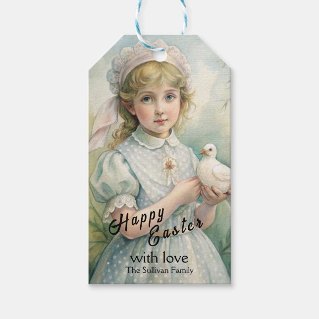 Vintage Easter Gift Tag with cute little lady.  (Front)