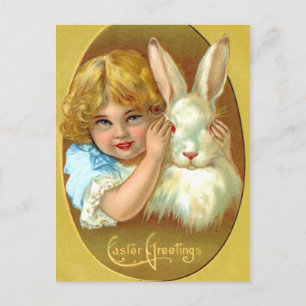 Vintage Easter Girl and Bunny Holiday Postcard
