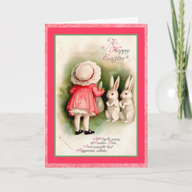 Vintage Easter Girl and White Bunnies Holiday Card (Front)