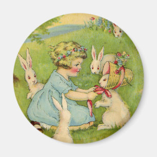 Vintage Easter, Girl Bonnet on Bunny Rabbit Magnet