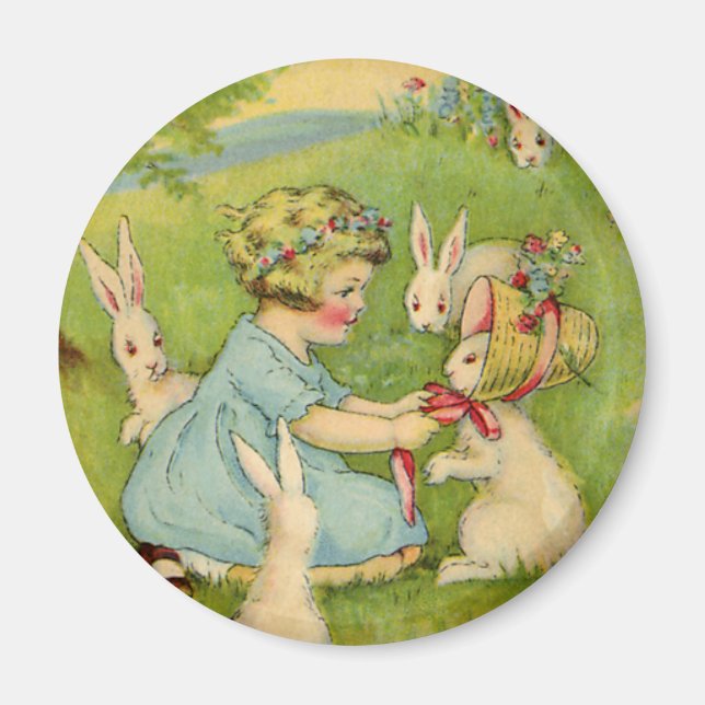 Vintage Easter, Girl Bonnet on Bunny Rabbit Magnet (Front)