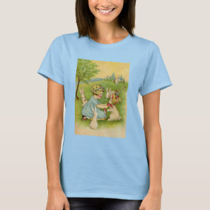 Vintage Easter, Girl Bonnet on Bunny Rabbit T-Shirt