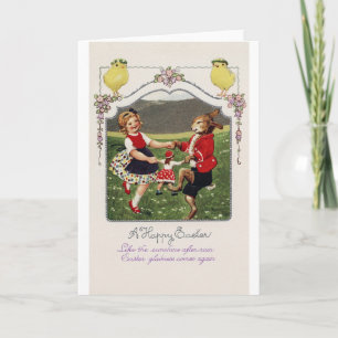 Vintage Easter Girl Bunny Chick Card