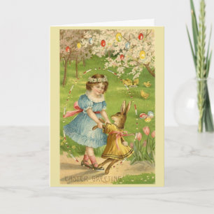 Vintage Easter - Girl Dances with Bunny, Holiday Card