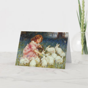 Vintage Easter Girl Feeding White Rabbits  Holiday Card