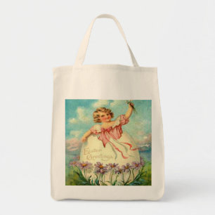 Vintage Easter Girl in Egg on Purple Flowers Tote Bag