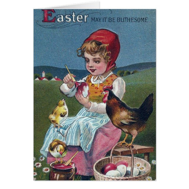 Vintage Easter Girl Painting Egg With Chickens (Front)