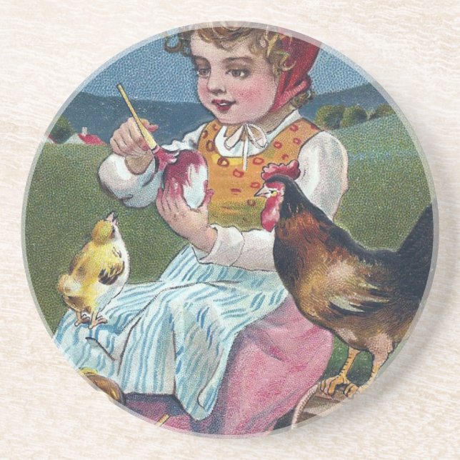 Vintage Easter Girl Painting Egg With Chickens Coaster (Front)