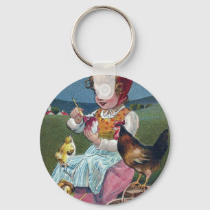 Vintage Easter Girl Painting Egg With Chickens Key Ring