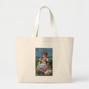 Vintage Easter Girl Painting Egg With Chickens Large Tote Bag