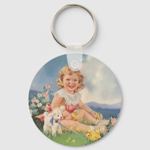 Vintage Easter, Girl with Chicks Lamb in Meadow Key Ring