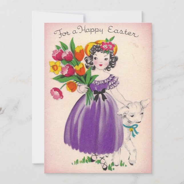 Vintage Easter Girl With Lamb Holiday Card (Front)