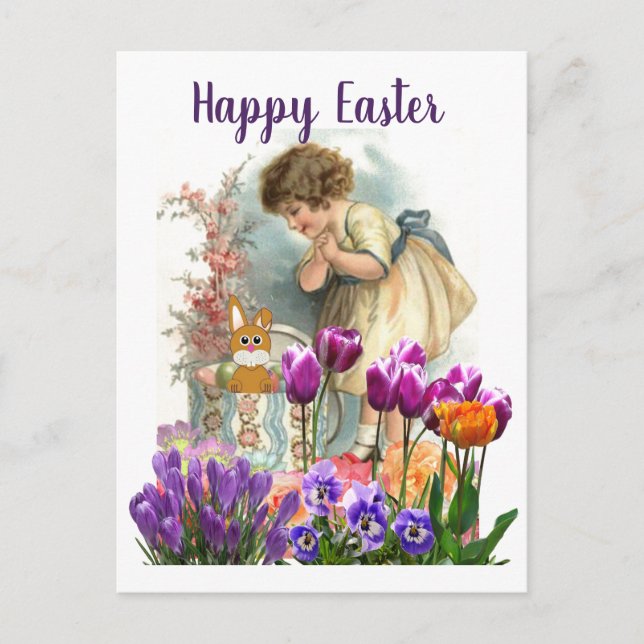 Vintage Easter Girl with Tulip Flowers  Holiday Postcard (Front)