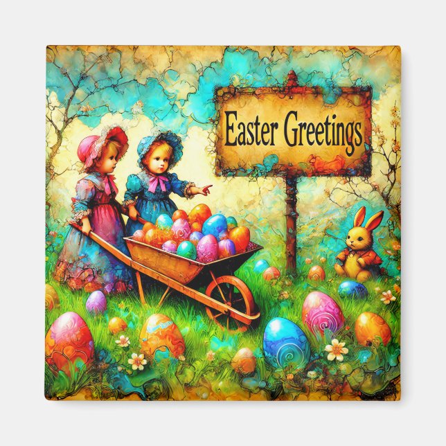 ~ VINTAGE EASTER Girls ~ Easter Eggs Bunny ~ Magnet (Front)
