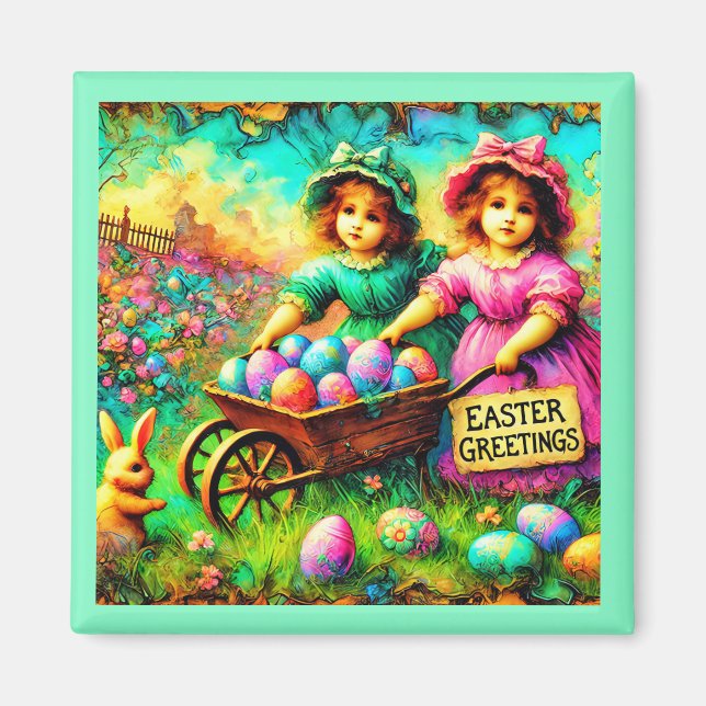 VINTAGE EASTER GIRLS ~ Easter Eggs ~ Magnet (Front)