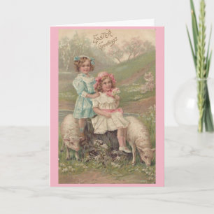 Vintage Easter Girls & Lambs, Holiday Card