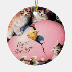 Vintage Easter Greetings Cats Chick and Easter Egg Ceramic Tree Decoration