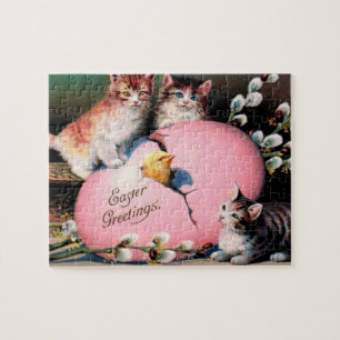 Vintage Easter Greetings Cats Chick and Easter Egg Jigsaw Puzzle