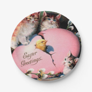 Vintage Easter Greetings Cats Chick and Easter Egg Paper Plate