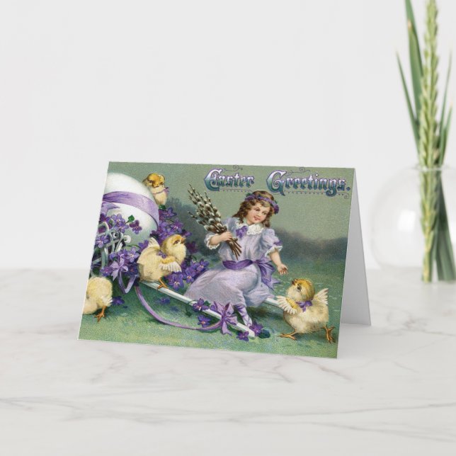 Vintage Easter Greetings Girl Egg Chick Carriage Card (Front)