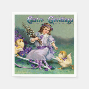 Vintage Easter Greetings Girl Egg Chick Carriage Napkin
