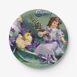 Vintage Easter Greetings Girl Egg Chick Carriage Paper Plate