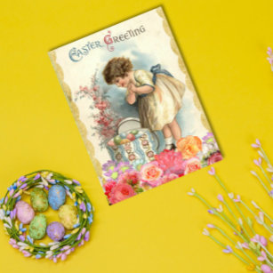 Vintage Easter Greetings Spring Girl Eggs Flowers Postcard