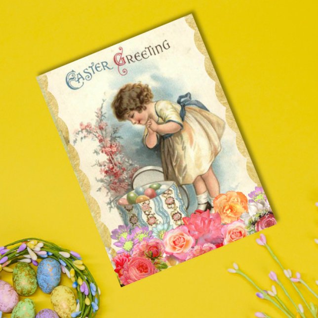 Vintage Easter Greetings Spring Girl Eggs Flowers Postcard (Creator Uploaded)