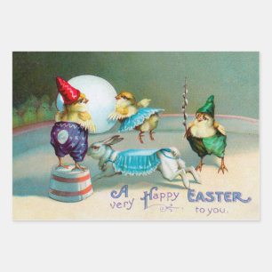 Vintage Easter Greetings Wishes Chicks Circus Wrapping Paper Sheet
