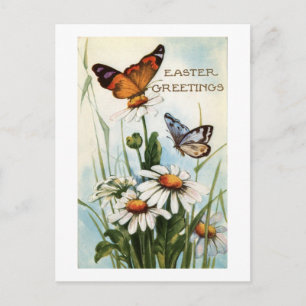 Vintage Easter Greetings With Butterflies Floral Holiday Postcard