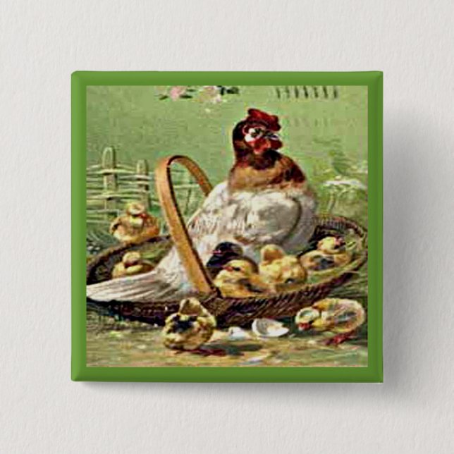 Vintage Easter Hen and Chicks in Basket 15 Cm Square Badge (Front)