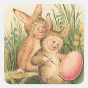 Vintage Easter Holiday Art Stamp Square Sticker
