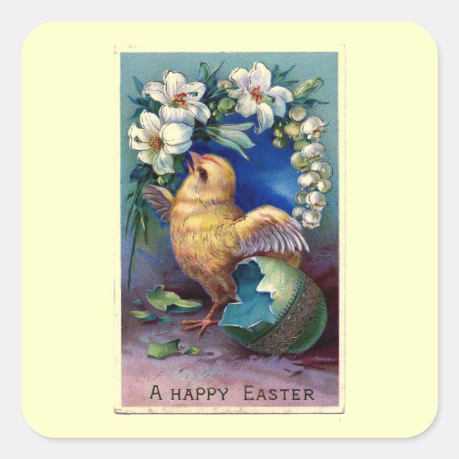 Vintage Easter Illustration With Chick Square Sticker (Front)