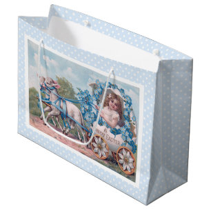 Vintage Easter Illustration with Girl and Lambs Large Gift Bag